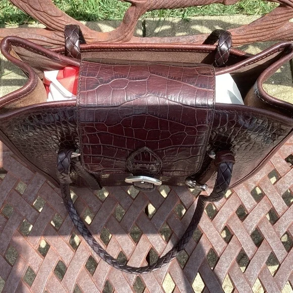 Vintage Brighton Mahogany Silver Flap Top Croc Embossed Leather Messenger Bag - Picture 8 of 9